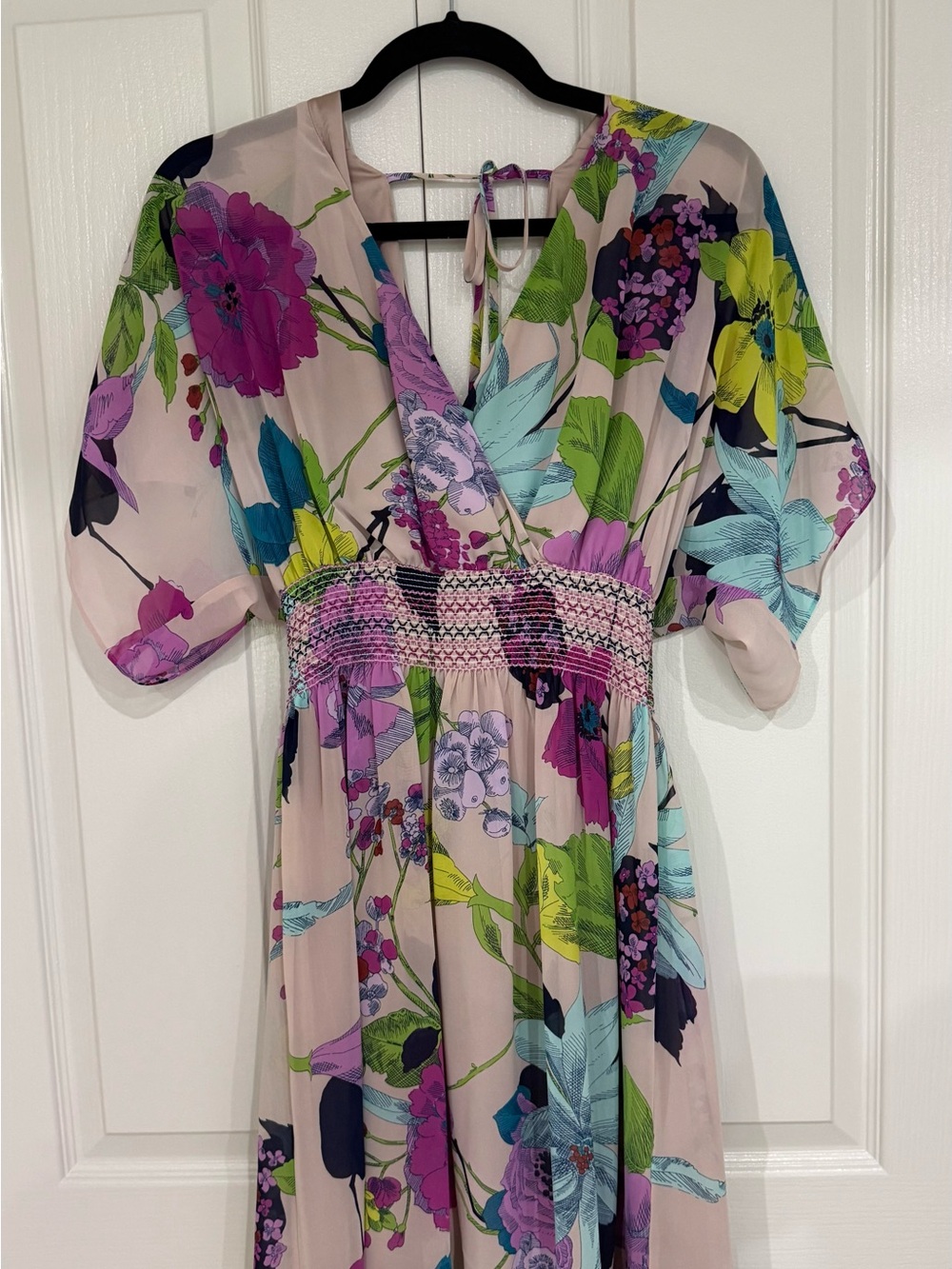 Trina Turk Pink Floral Surplice Midi Dress with Green & Blue Accents